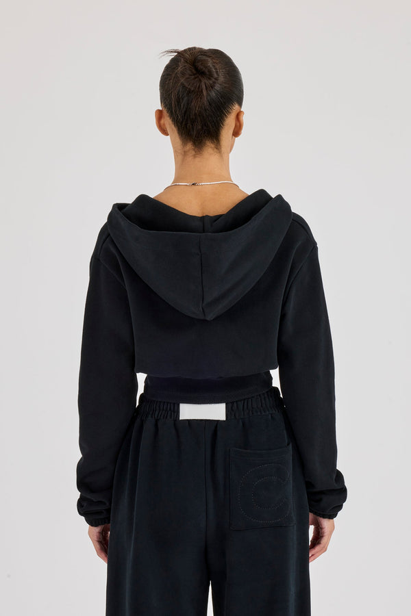 Rib Contrast Fitted Zip Hoodie - Black