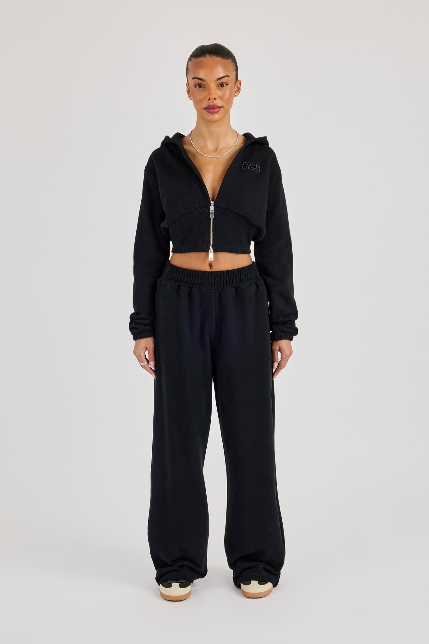 Rib Contrast Fitted Zip Tracksuit - Black