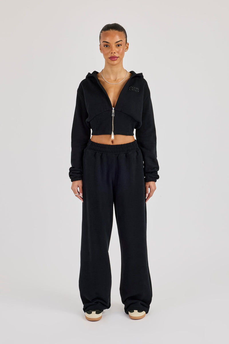 Rib Contrast Fitted Zip Tracksuit - Black