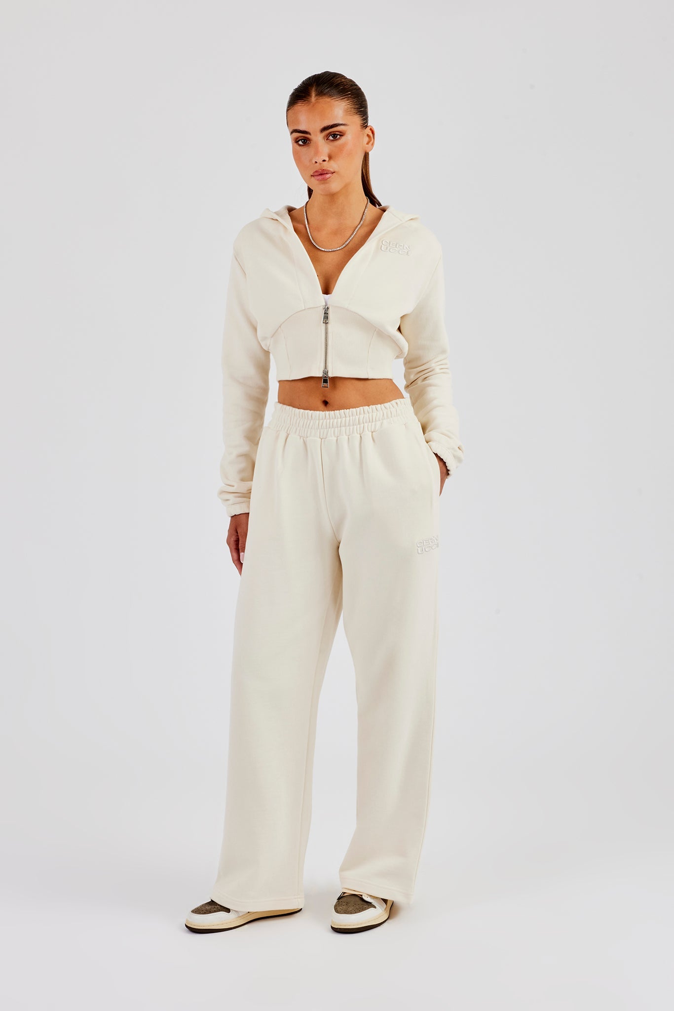 Rib Contrast Fitted Zip Hoodie & Wide Leg Jogger - Off White