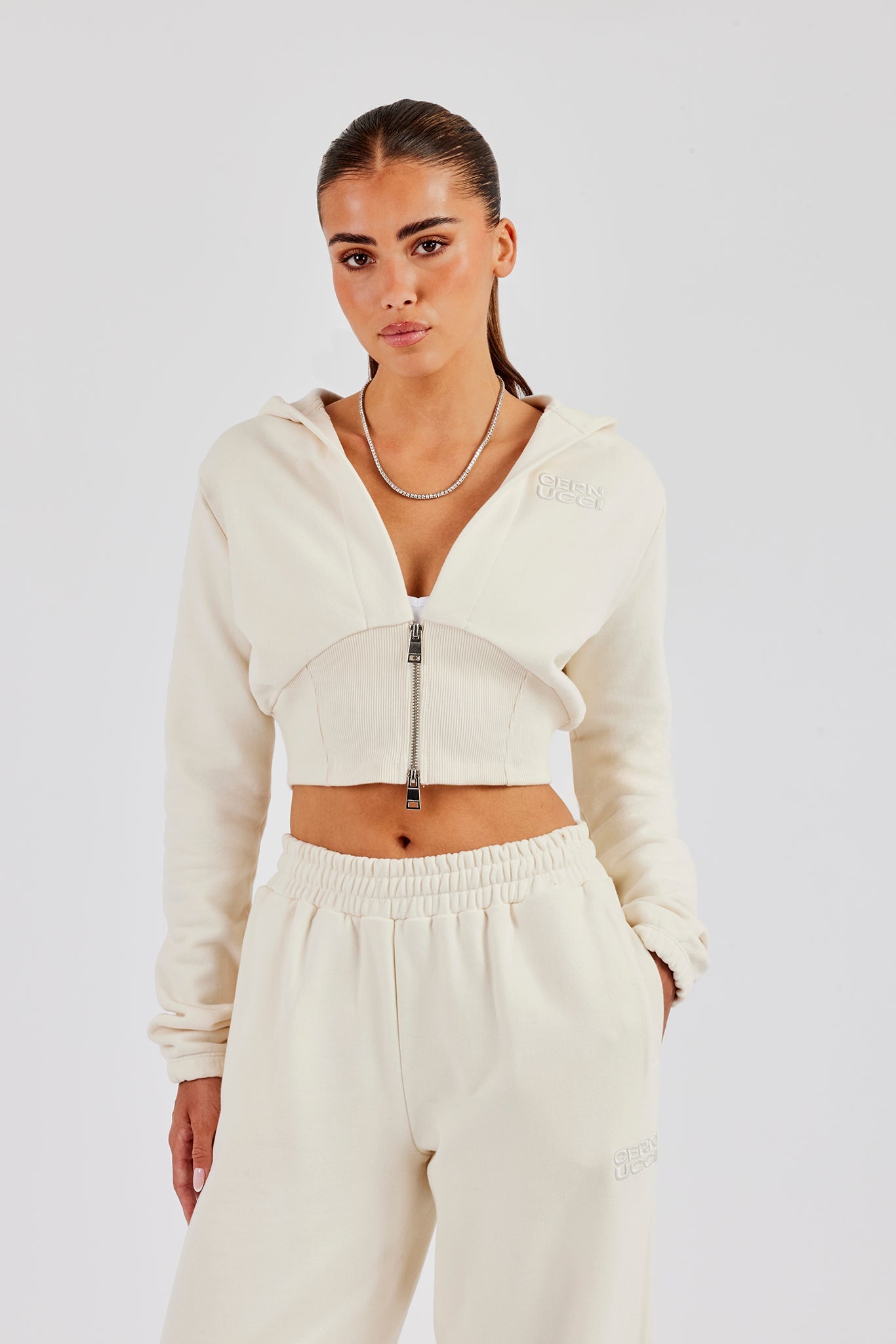 Rib Contrast Fitted Zip Hoodie - Off White