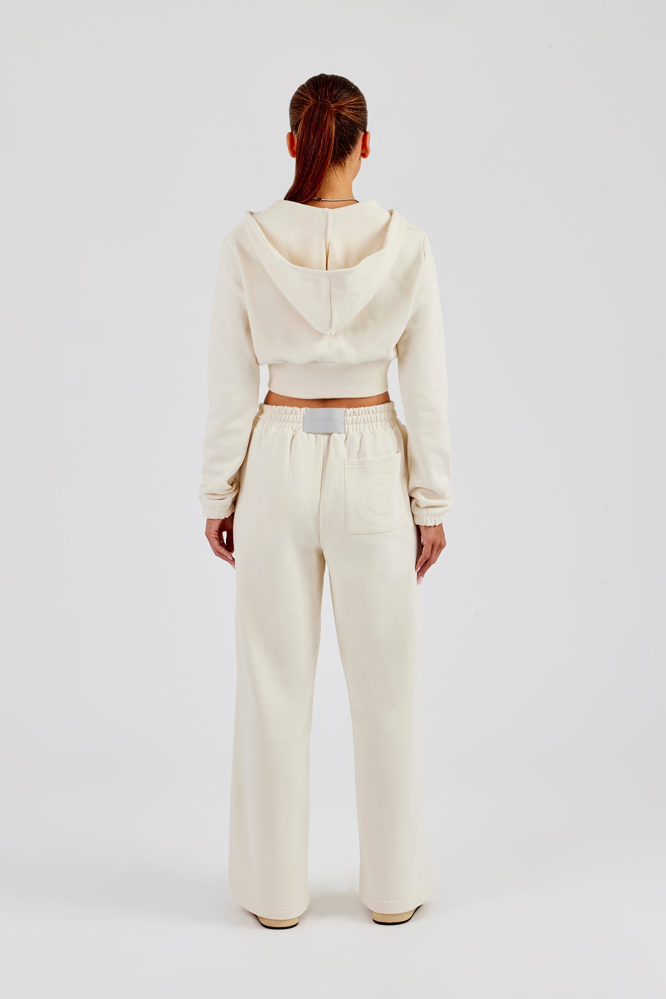 Rib Contrast Fitted Zip Hoodie & Wide Leg Jogger - Off White