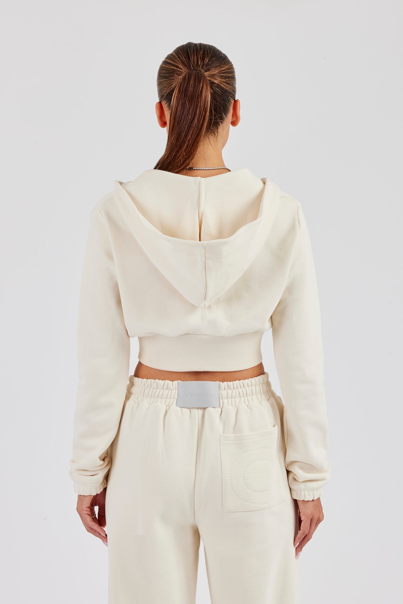 Rib Contrast Fitted Zip Hoodie - Off White