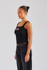 Rib Pink Glitter Applique Vest Top - Black