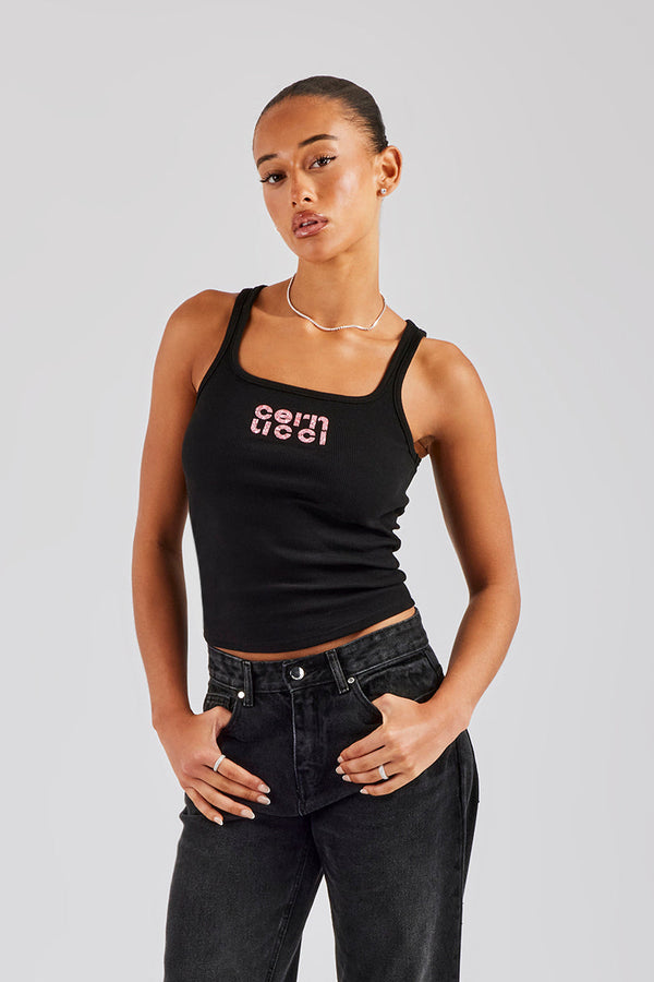 Rib Pink Glitter Applique Vest Top - Black