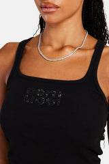 Rib Glitter Applique Vest Top - Black