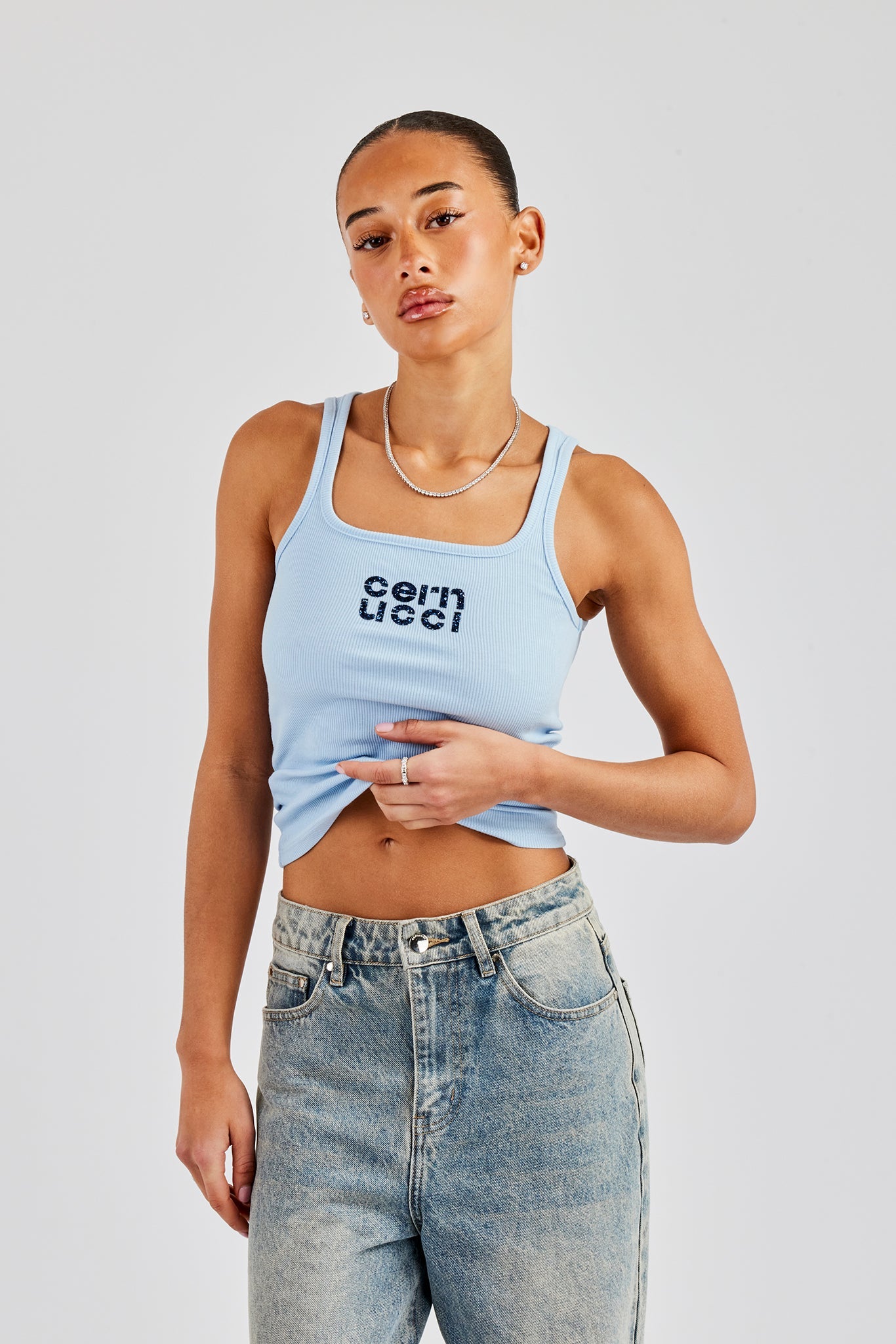Rib Glitter Applique Vest Top - Baby Blue | Womens Tees & Vests