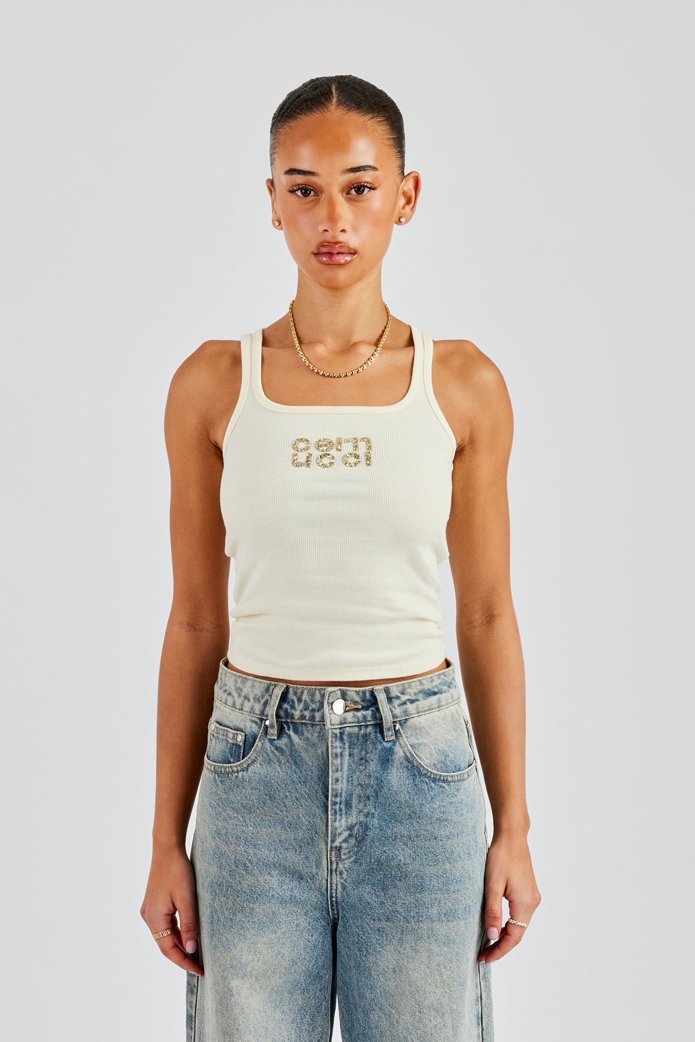 Rib Glitter Applique Vest Top - Butter Yellow