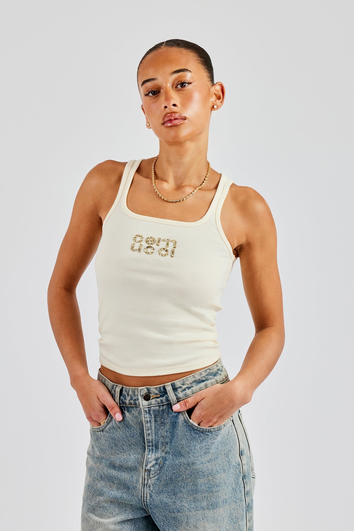 Rib Glitter Applique Vest Top - Butter Yellow