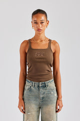 Rib Glitter Applique Vest Top Chocolate