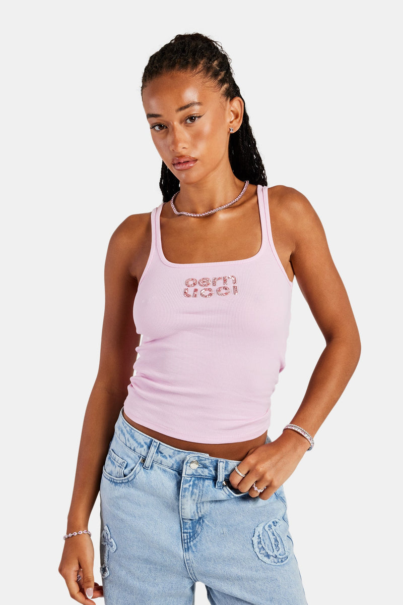 Rib Glitter Applique Vest Top - Pink