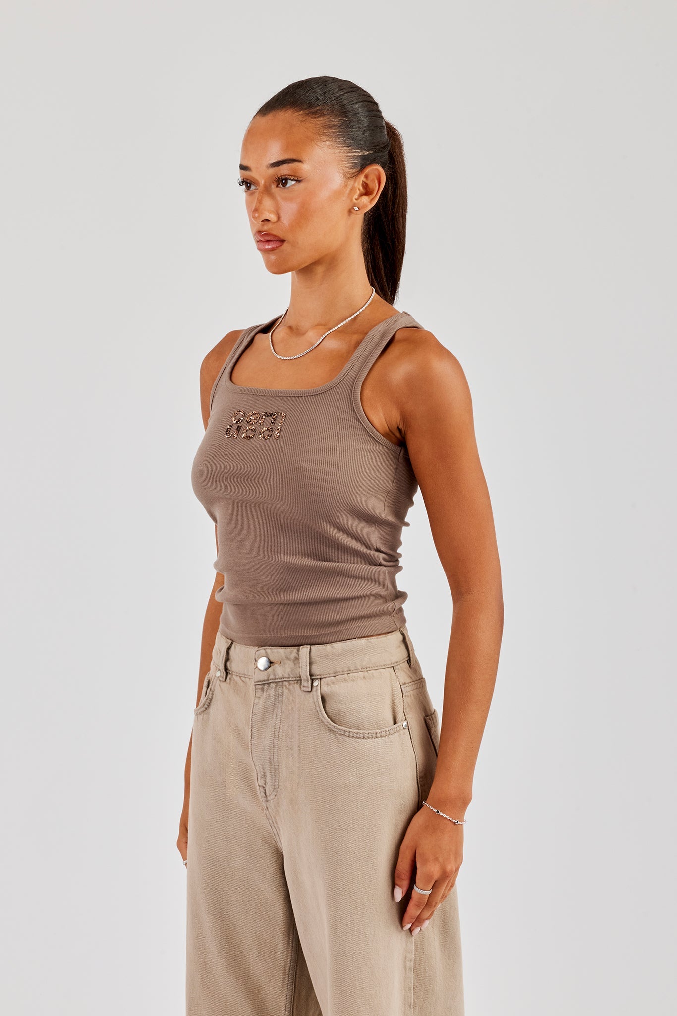 Rib Glitter Applique Vest - Taupe