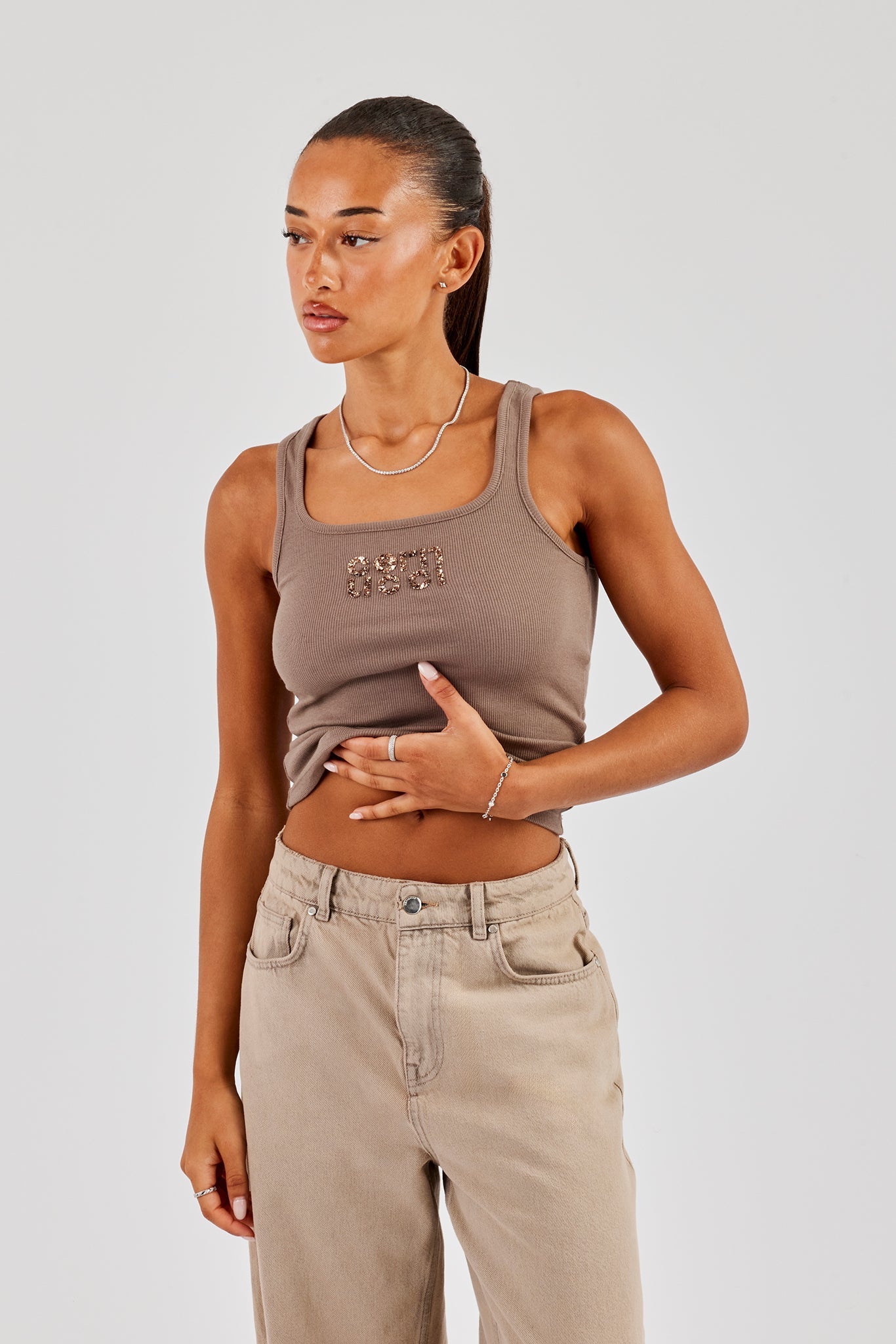 Rib Glitter Applique Vest - Taupe