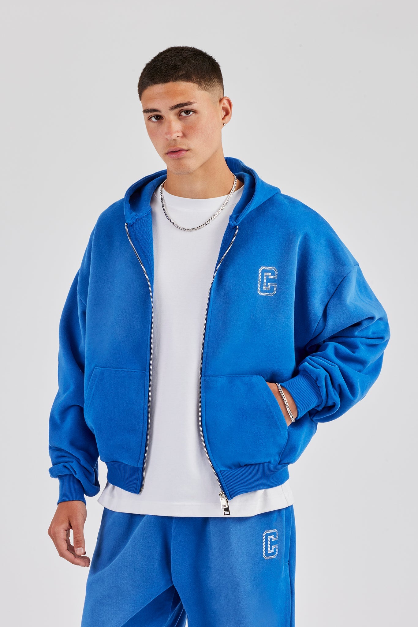 Washed Rhinestone C Zip Through Hoodie - Washed Blue