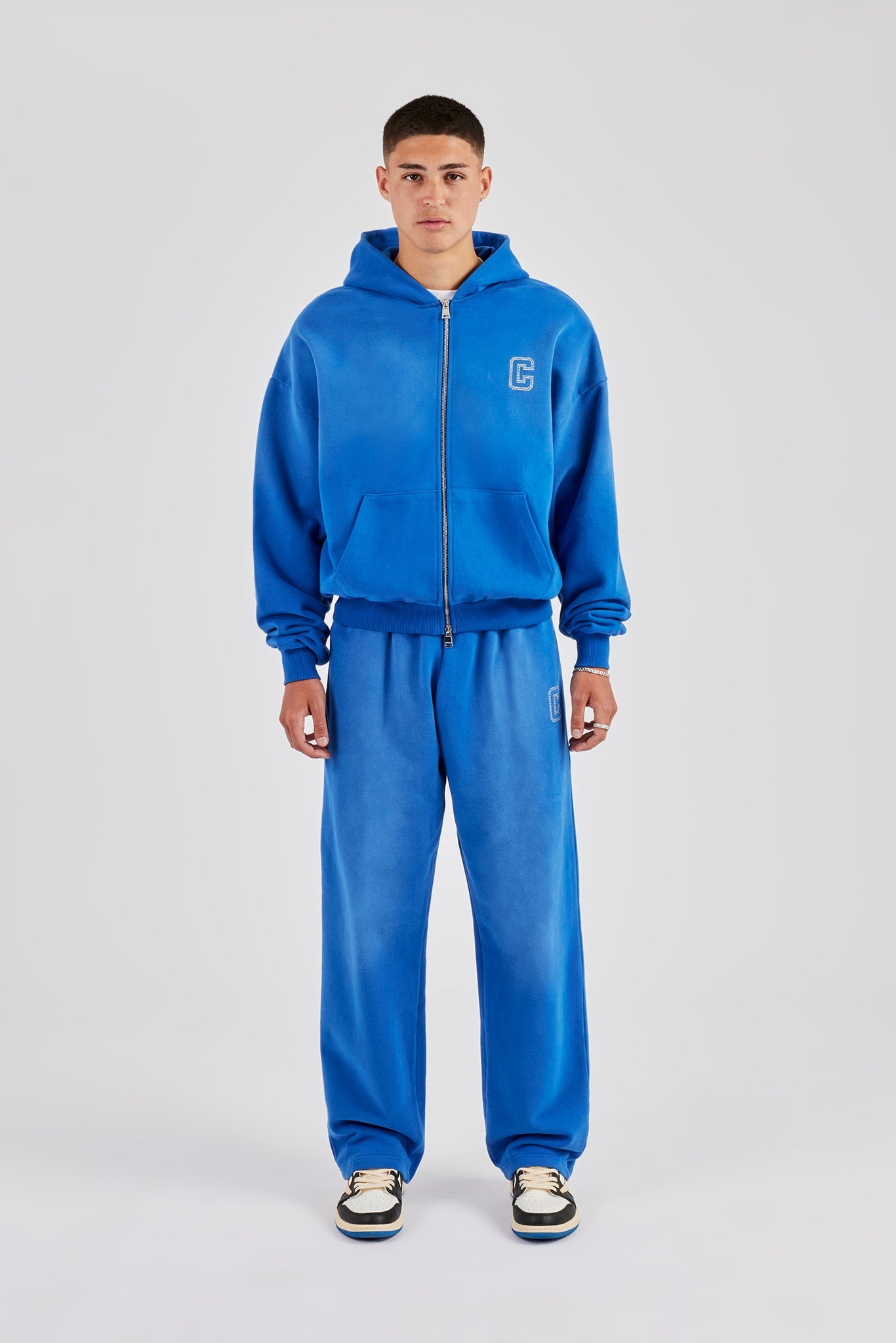 Washed Rhinestone C Zip Through Hoodie & Wide Leg Jogger - Washed Blue