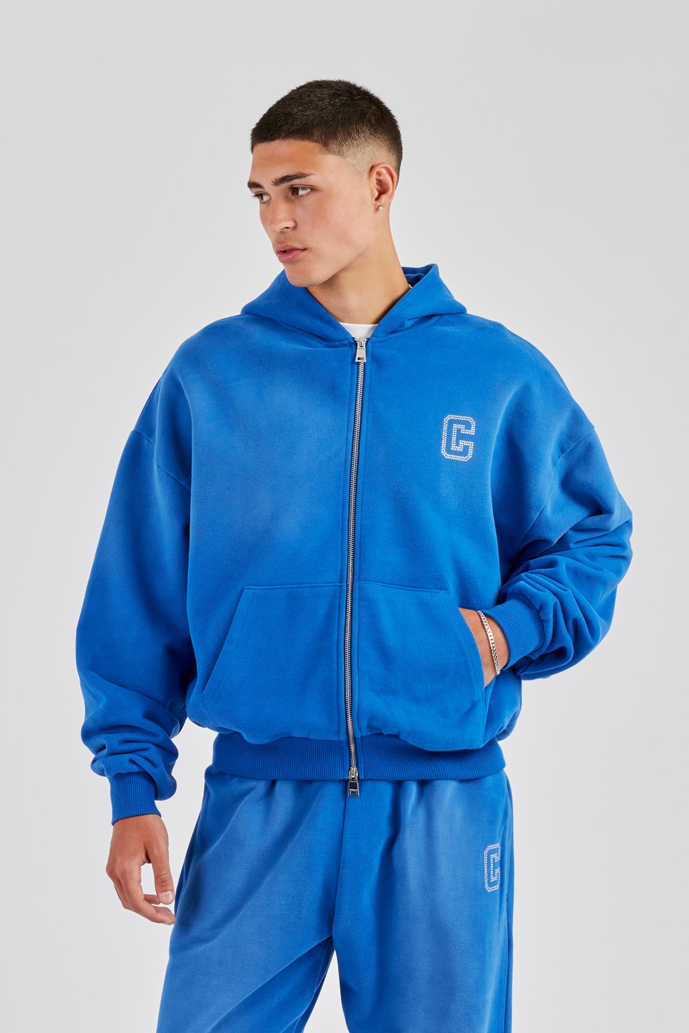 Washed Rhinestone C Zip Through Hoodie - Washed Blue