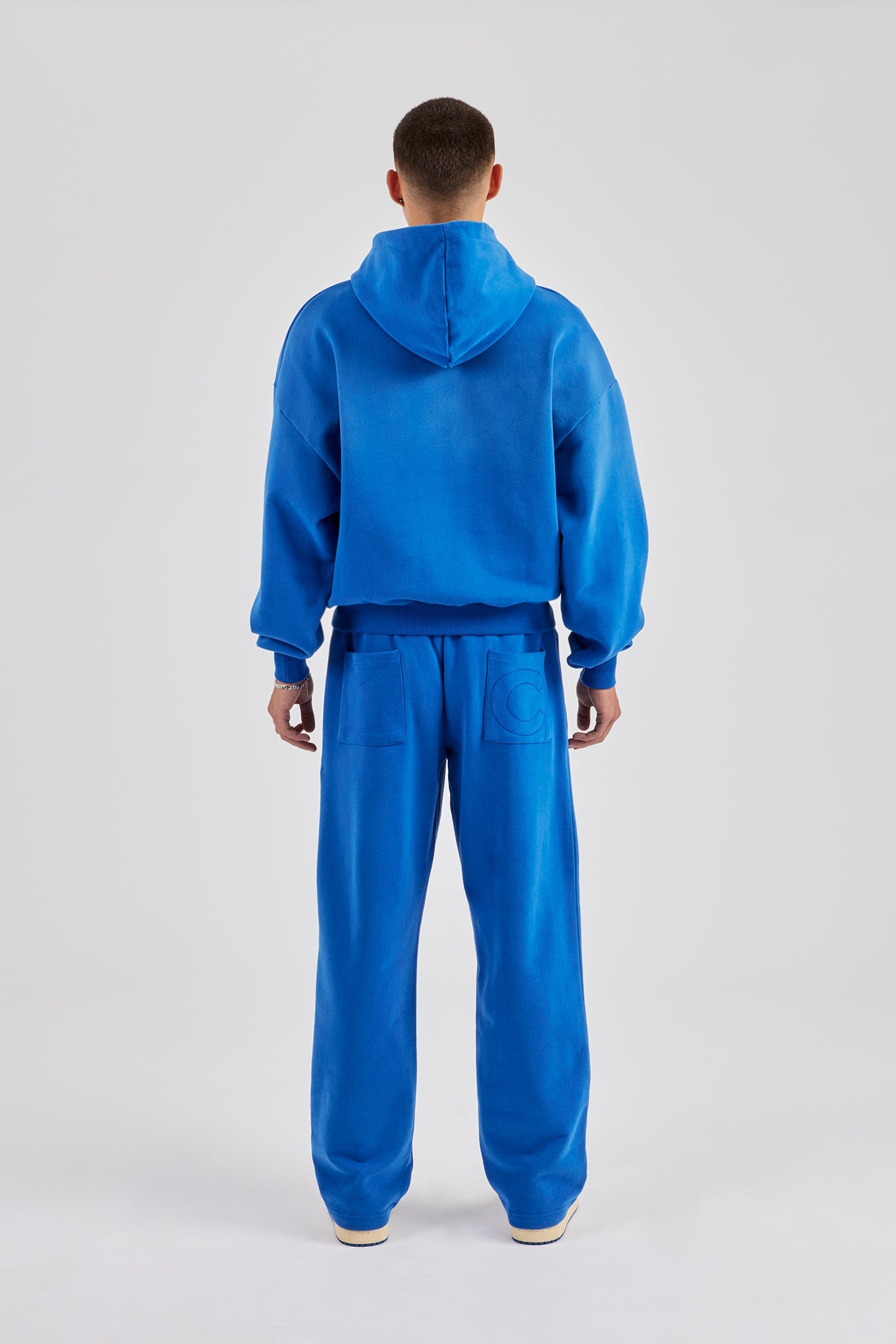 Washed Rhinestone C Zip Through Hoodie & Wide Leg Jogger - Washed Blue