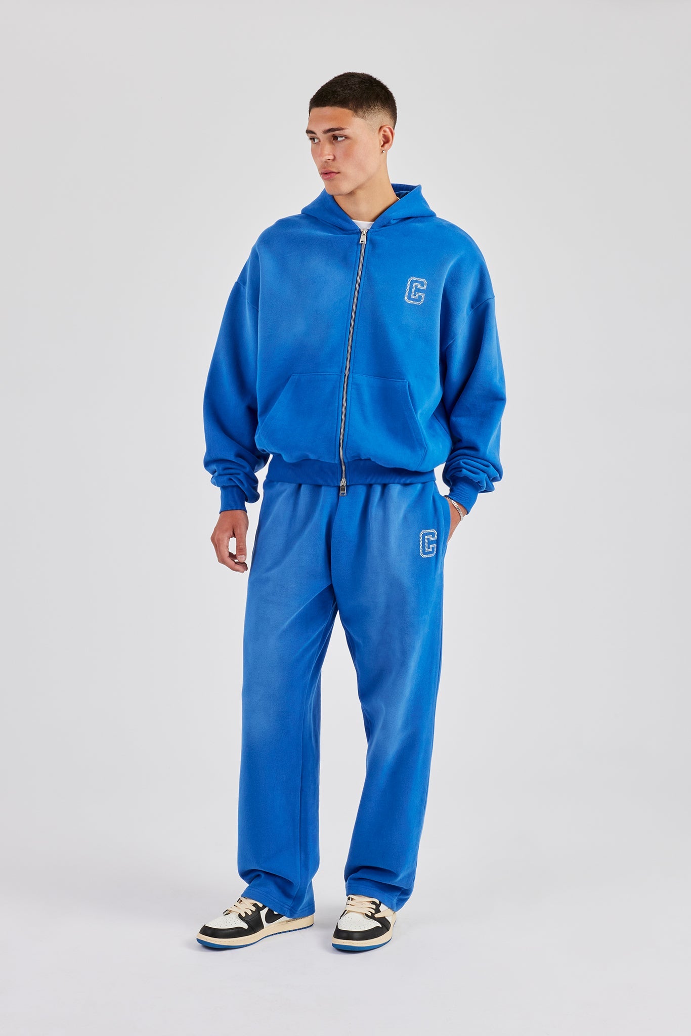 Washed Rhinestone C Zip Through Hoodie & Wide Leg Jogger - Washed Blue