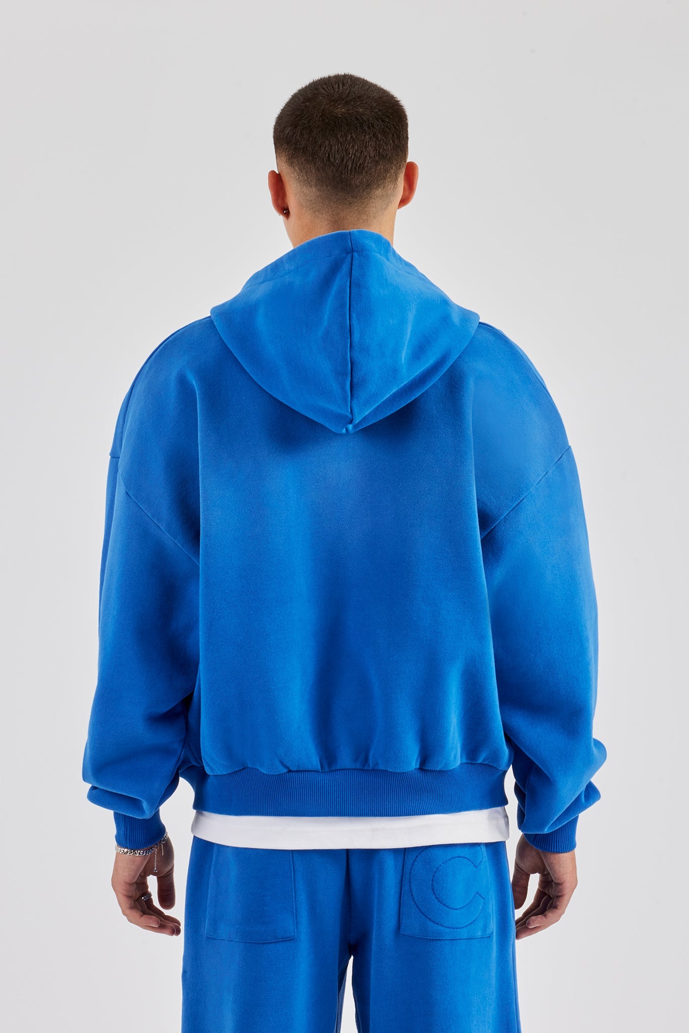 Washed Rhinestone C Zip Through Hoodie - Washed Blue