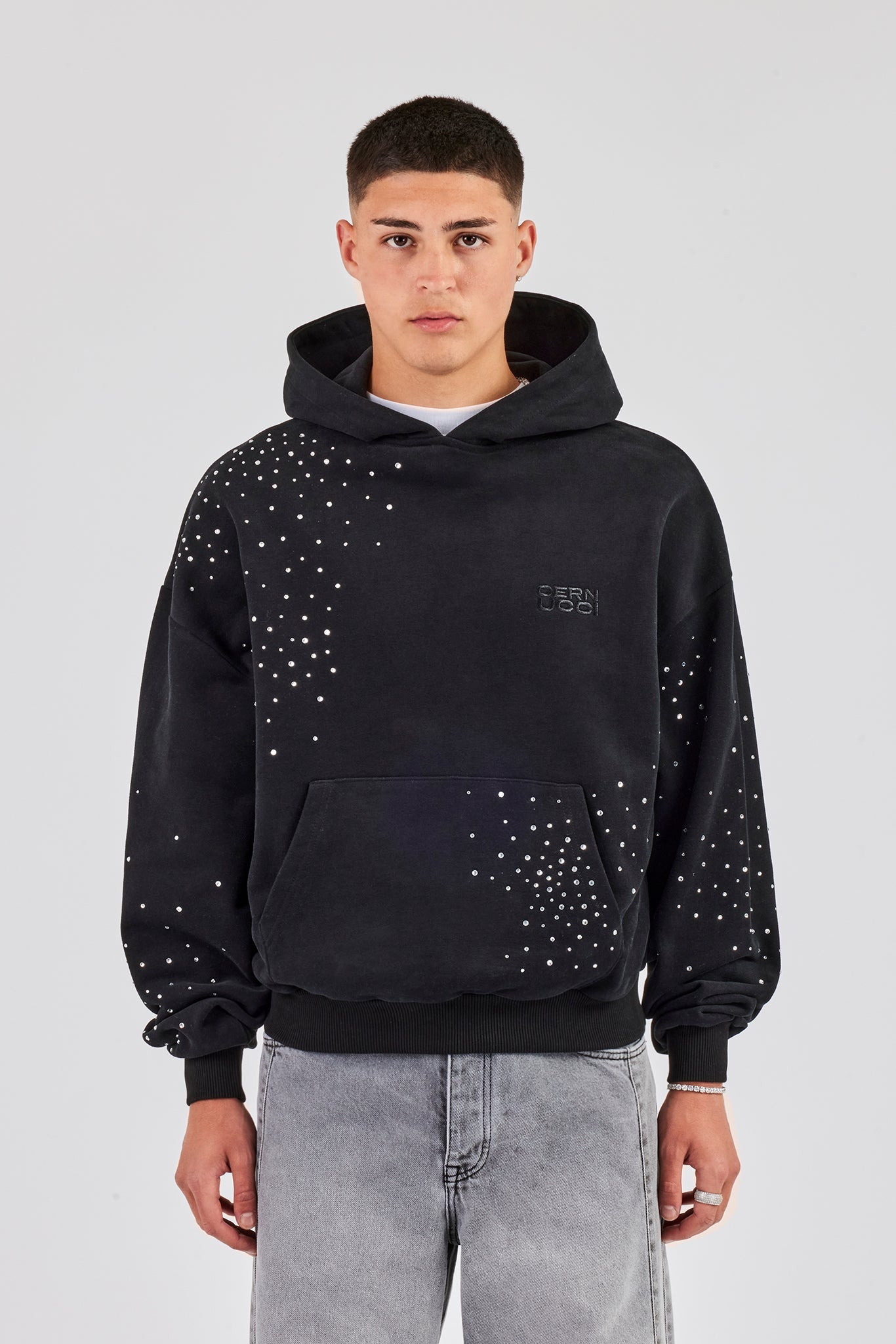 Washed Rhinestone Boxy Hoodie - Washed Black