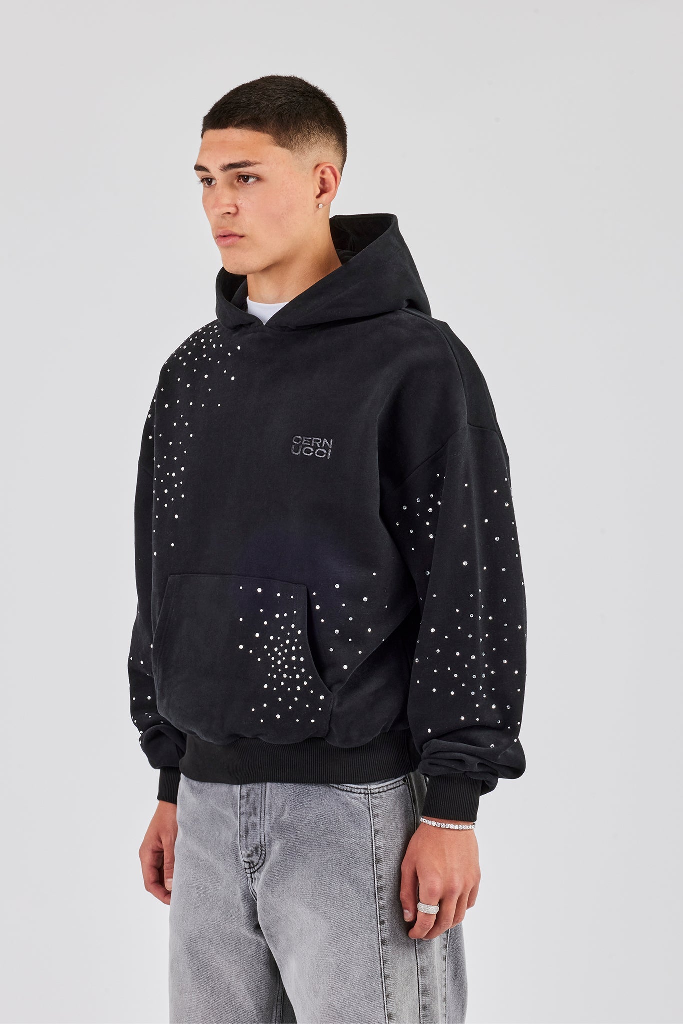 Washed Rhinestone Boxy Hoodie - Washed Black