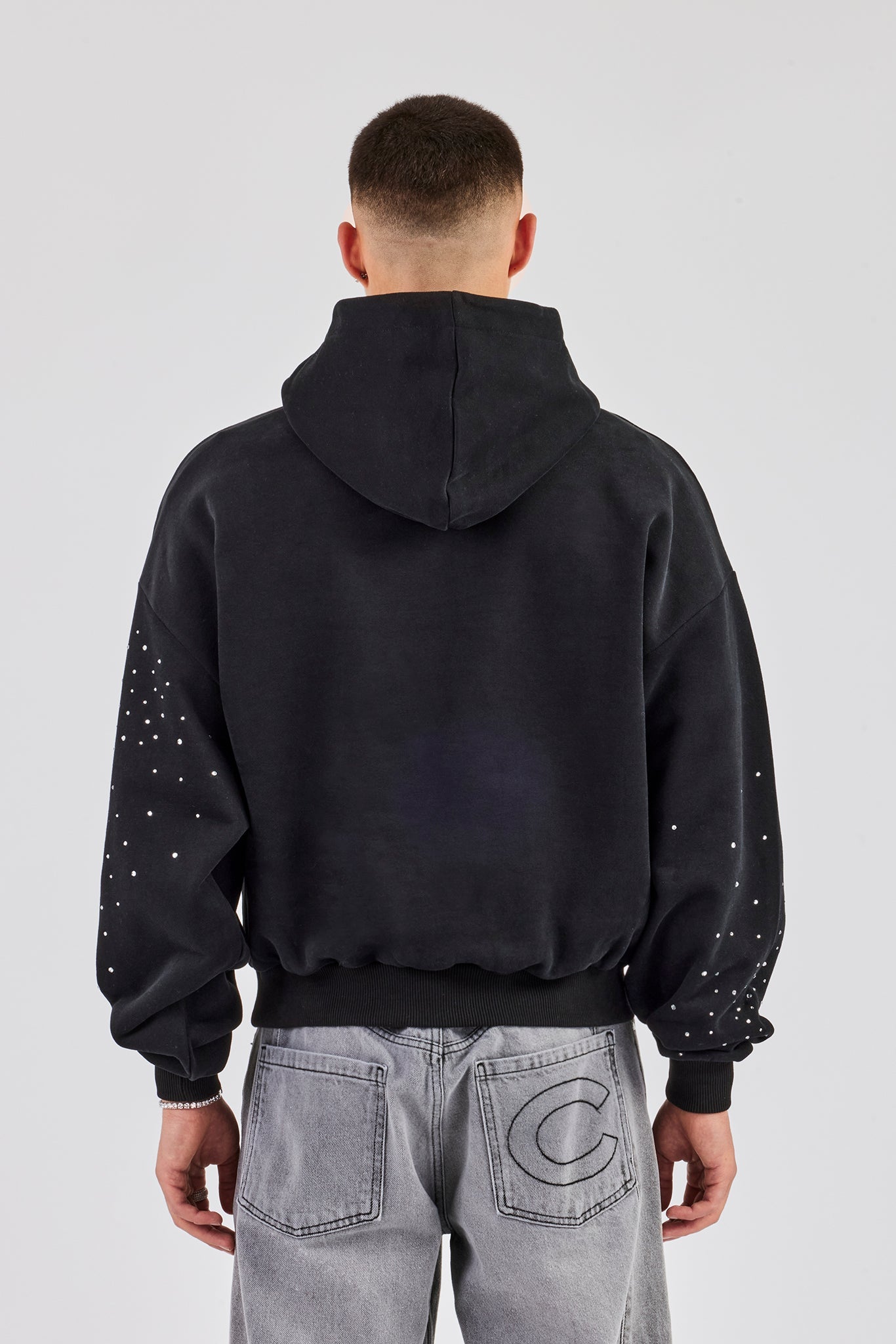 Washed Rhinestone Boxy Hoodie - Washed Black