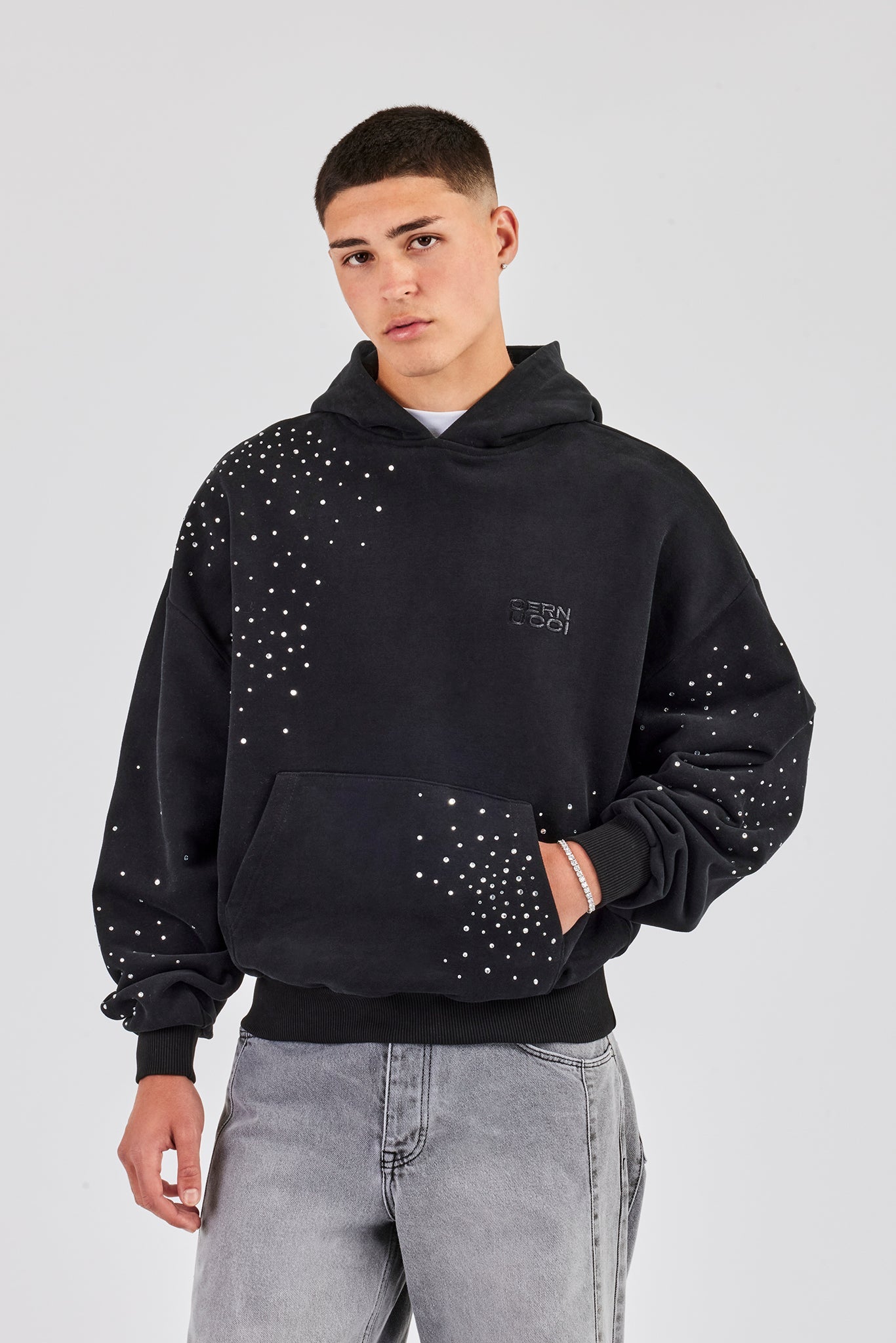 Washed Rhinestone Boxy Hoodie - Washed Black