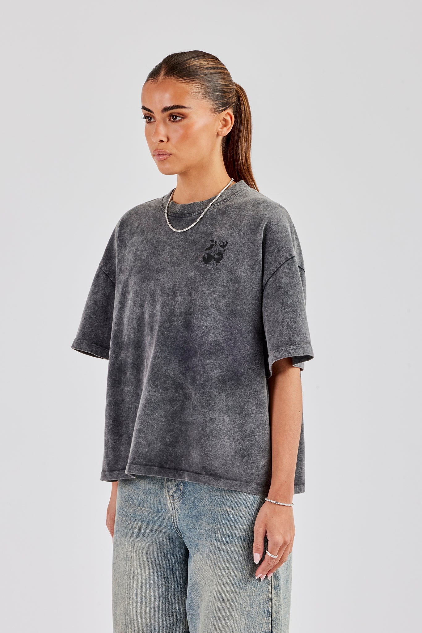 Oversized Washed Cherry Baby Rhinestone T-Shirt - Light Grey