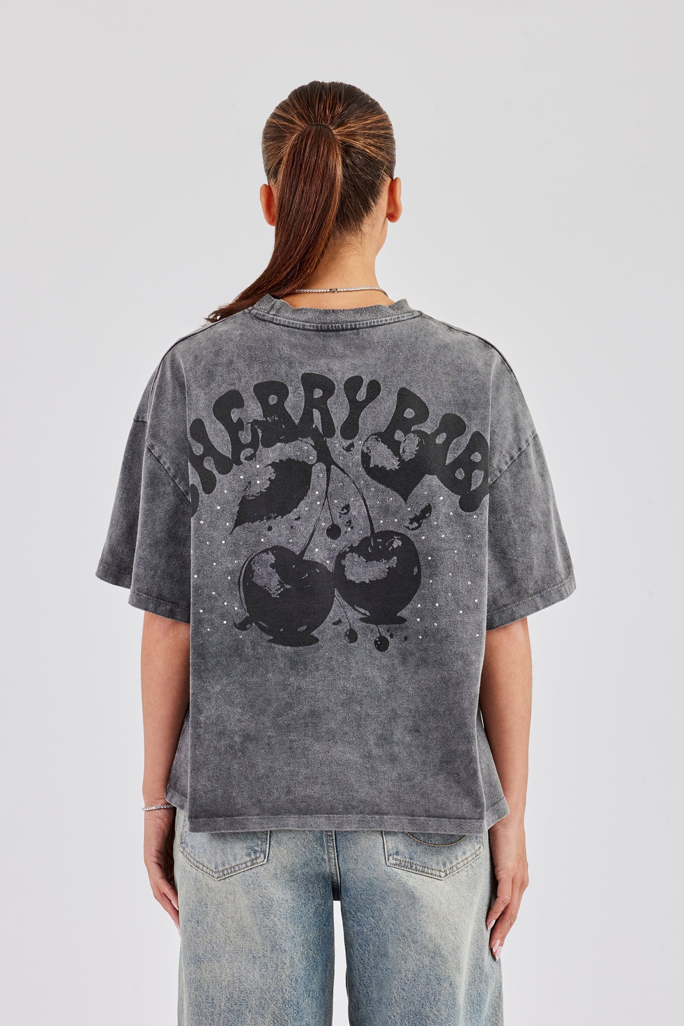 Oversized Washed Cherry Baby Rhinestone T-Shirt - Light Grey