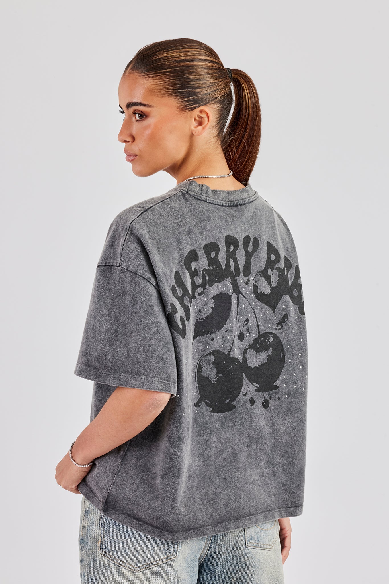 Oversized Washed Cherry Baby Rhinestone T-Shirt - Light Grey