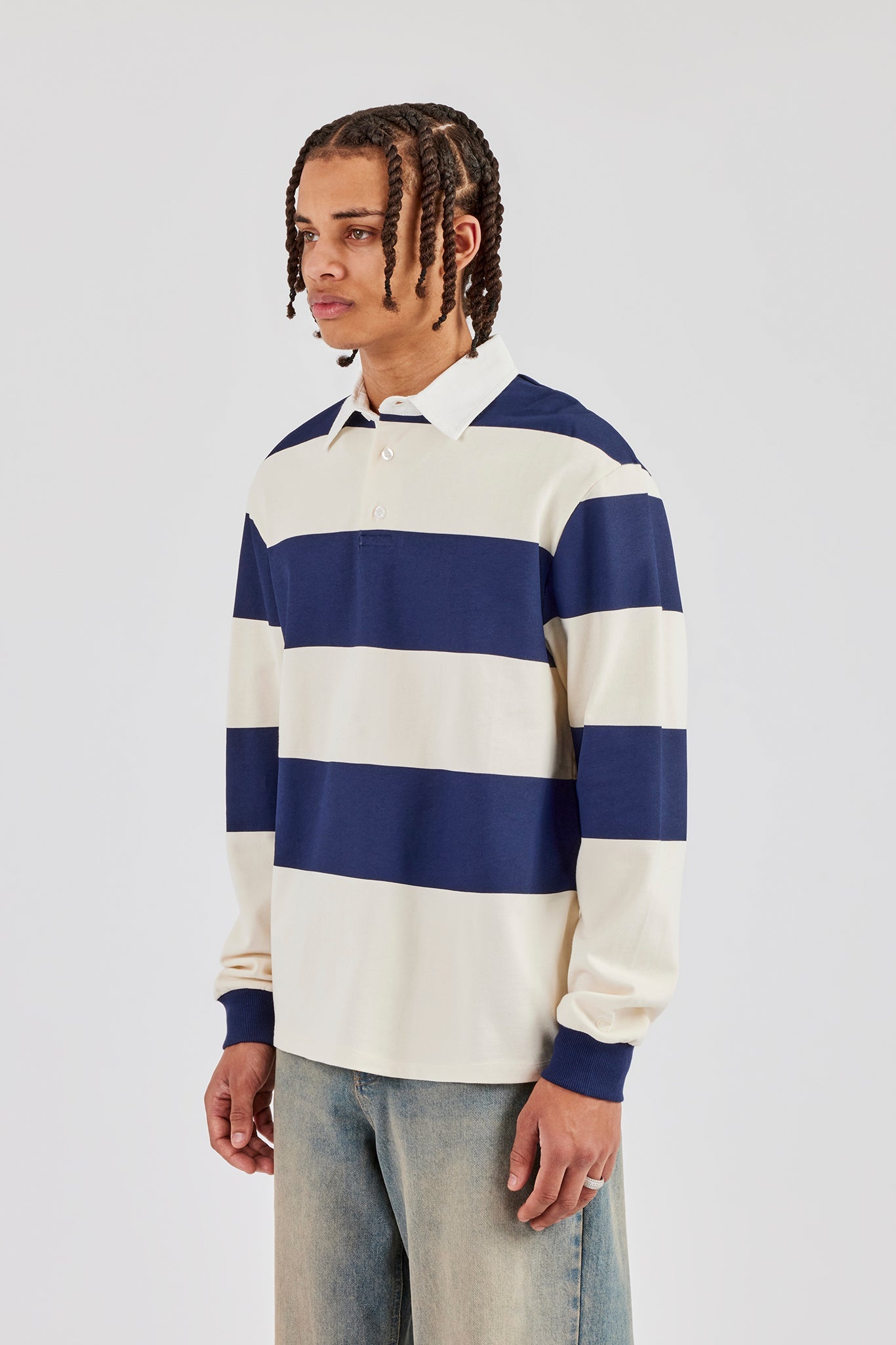 Striped Rugby Polo Top - Navy Blue