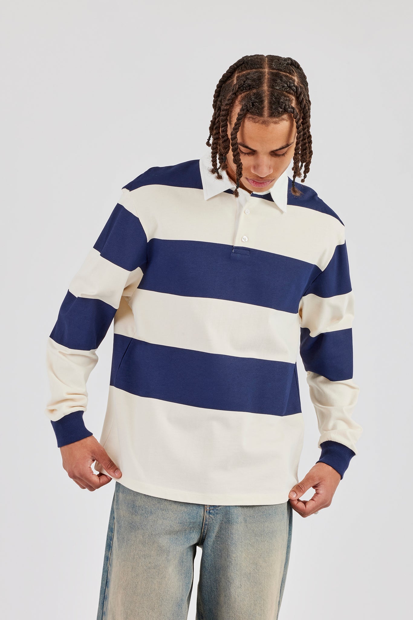 Striped Rugby Polo Top - Navy Blue
