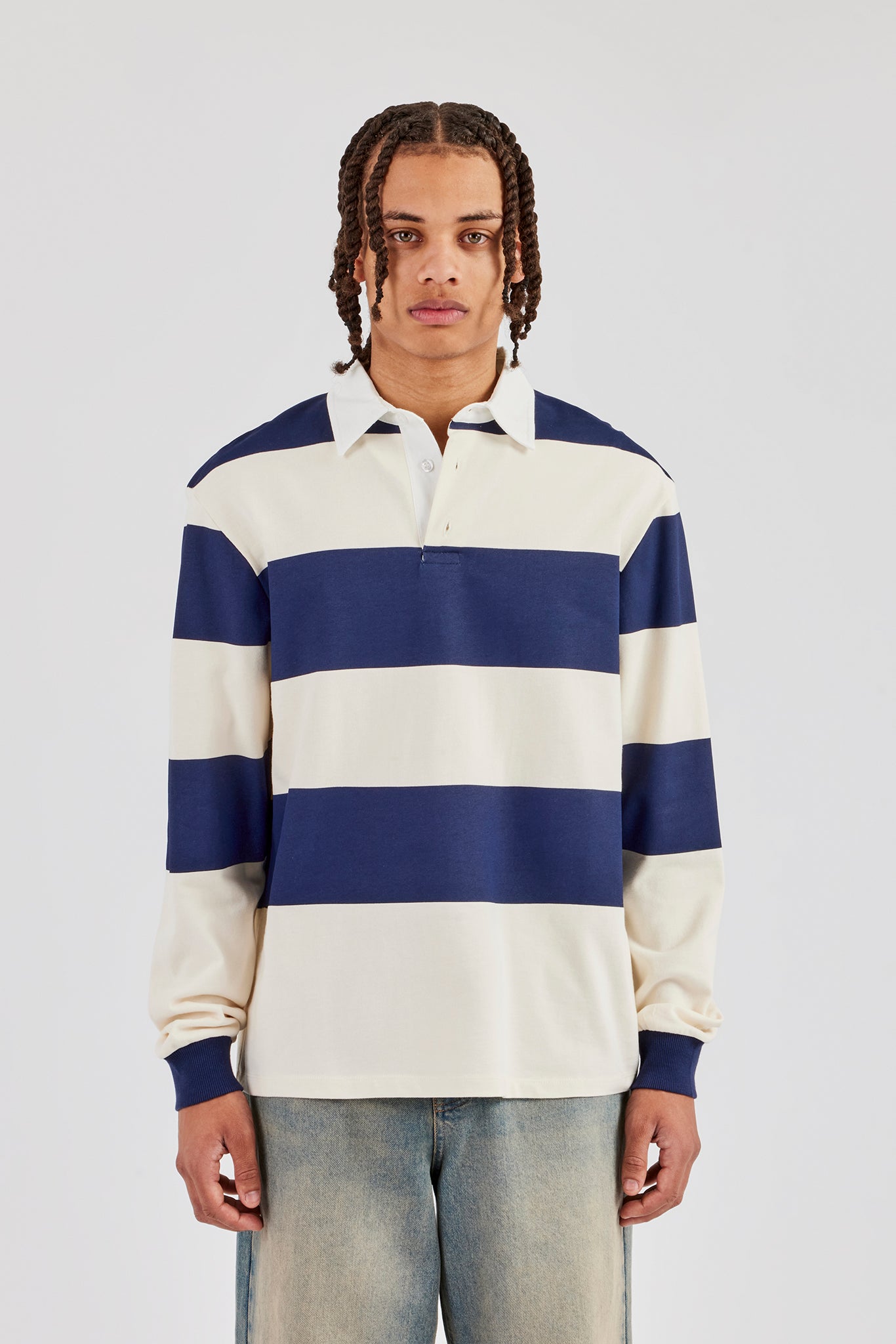 Striped Rugby Polo Top - Navy Blue