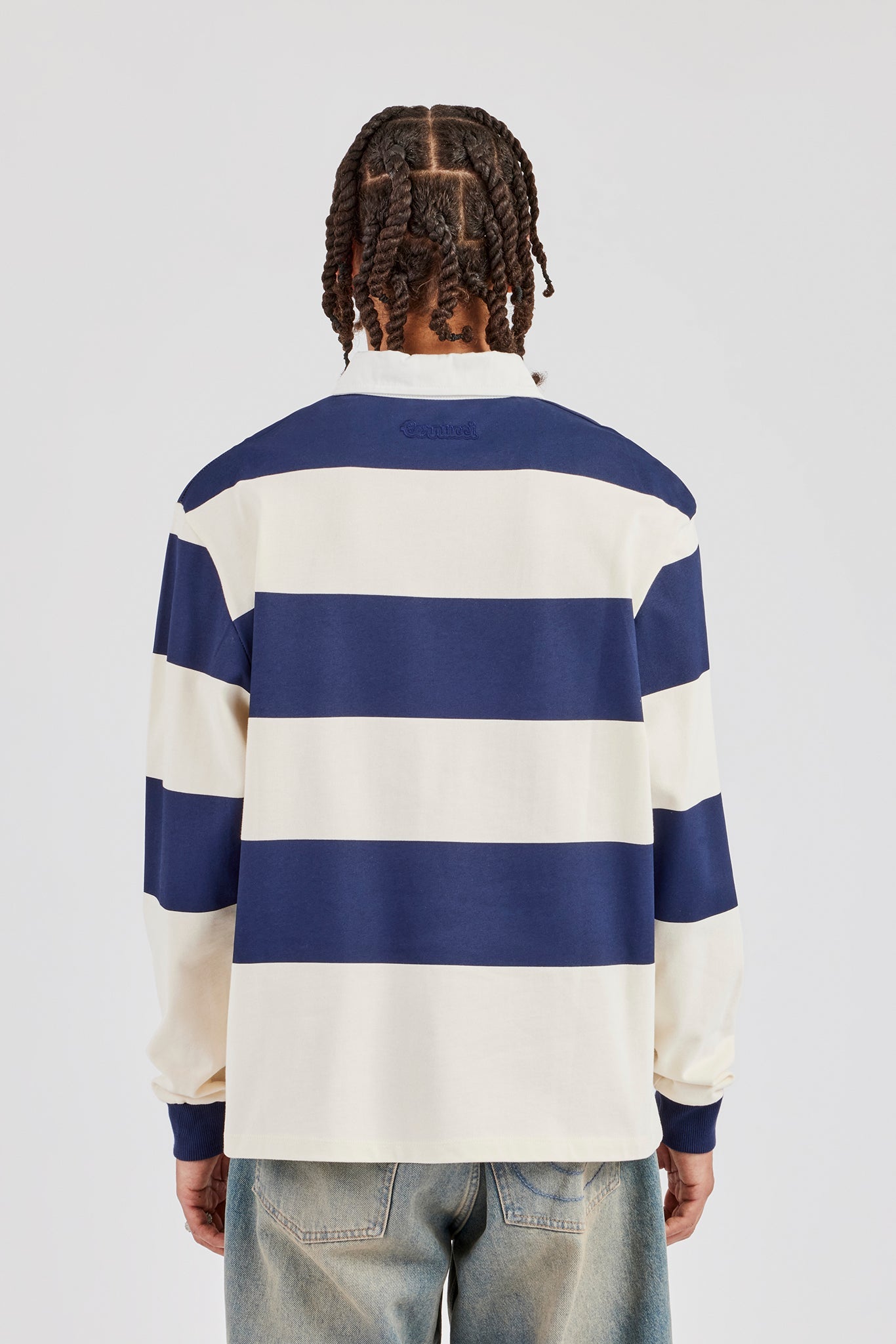 Striped Rugby Polo Top - Navy Blue