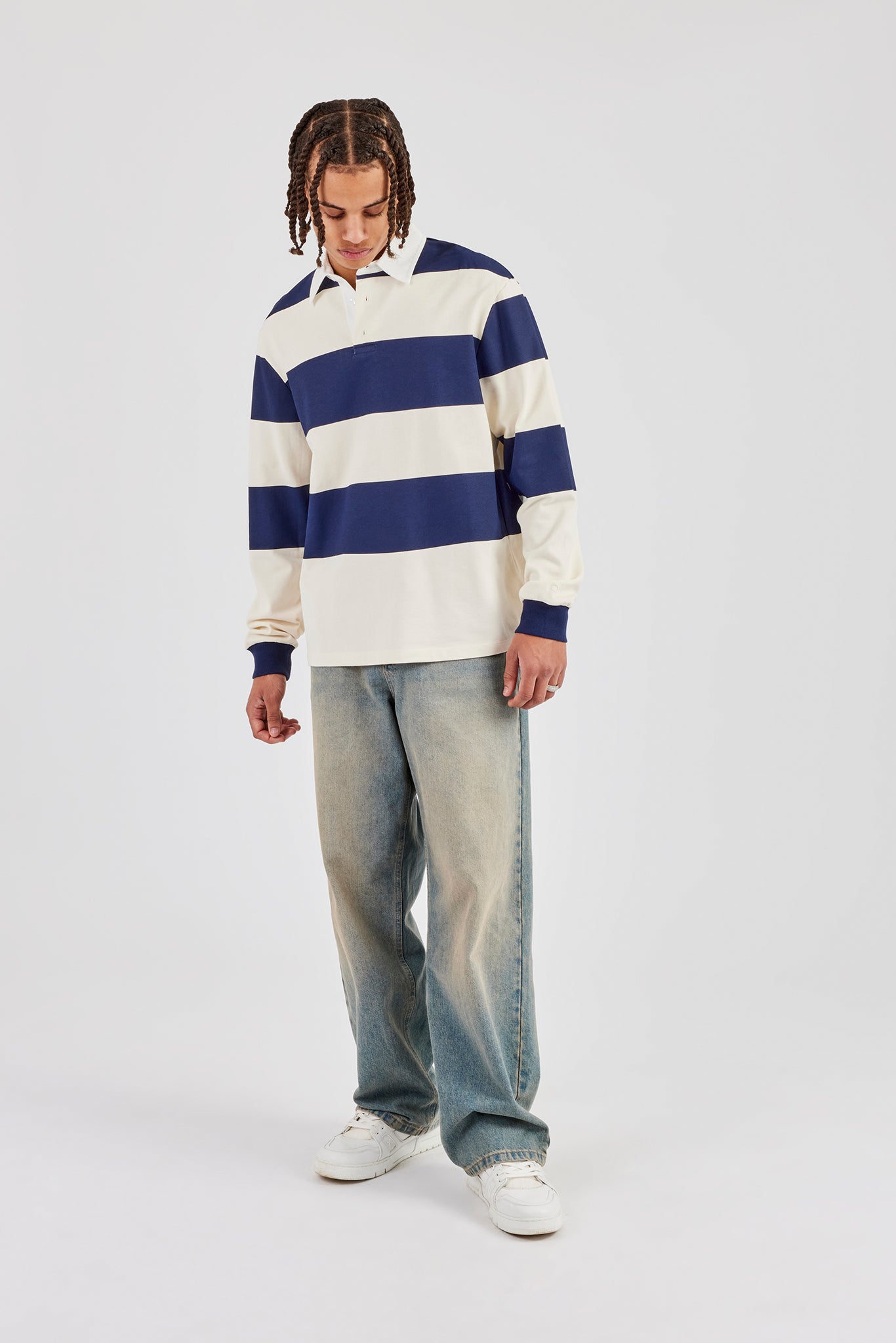 Striped Rugby Polo Top - Navy Blue