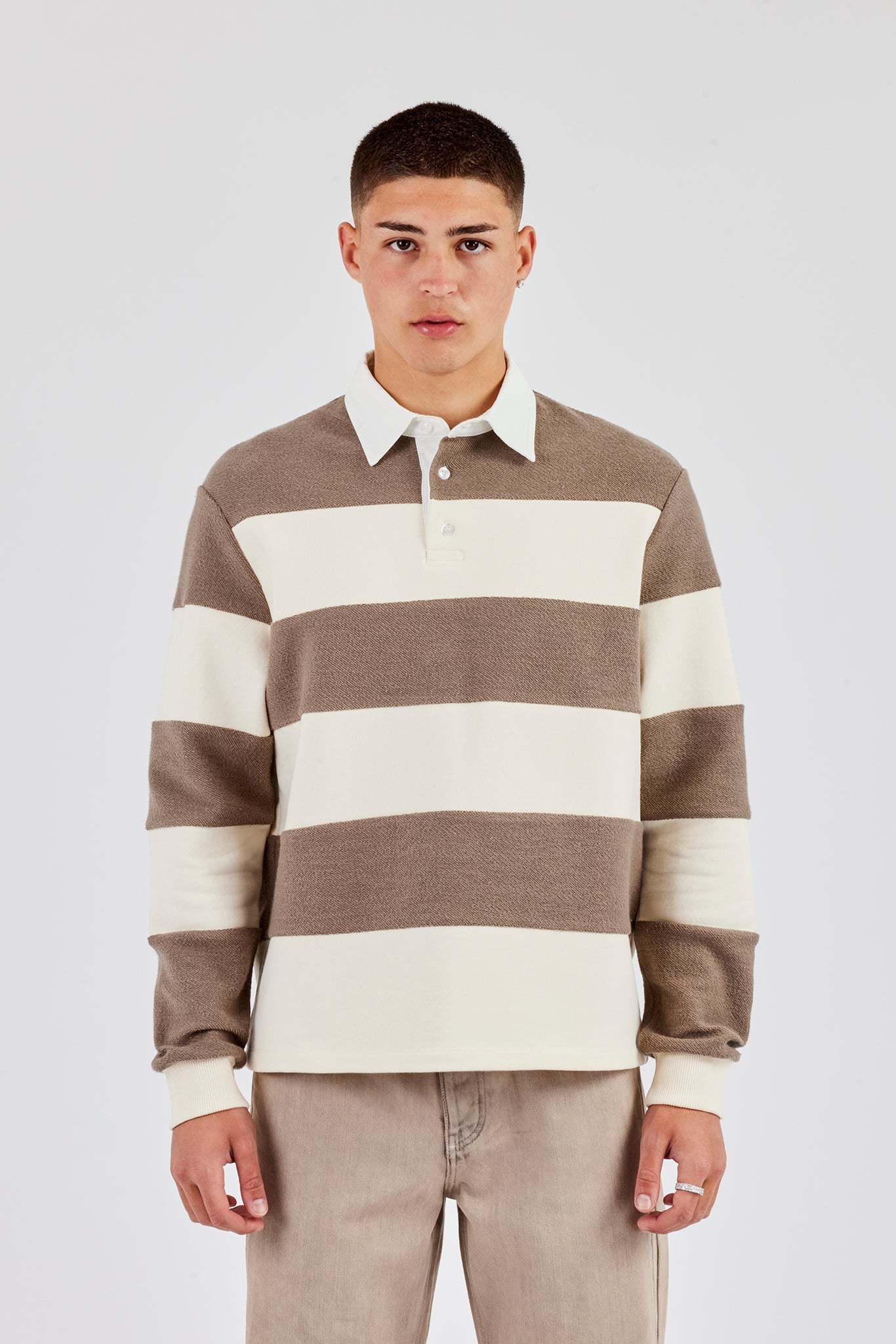 Textured Stripe Rugby Polo Top - Stone