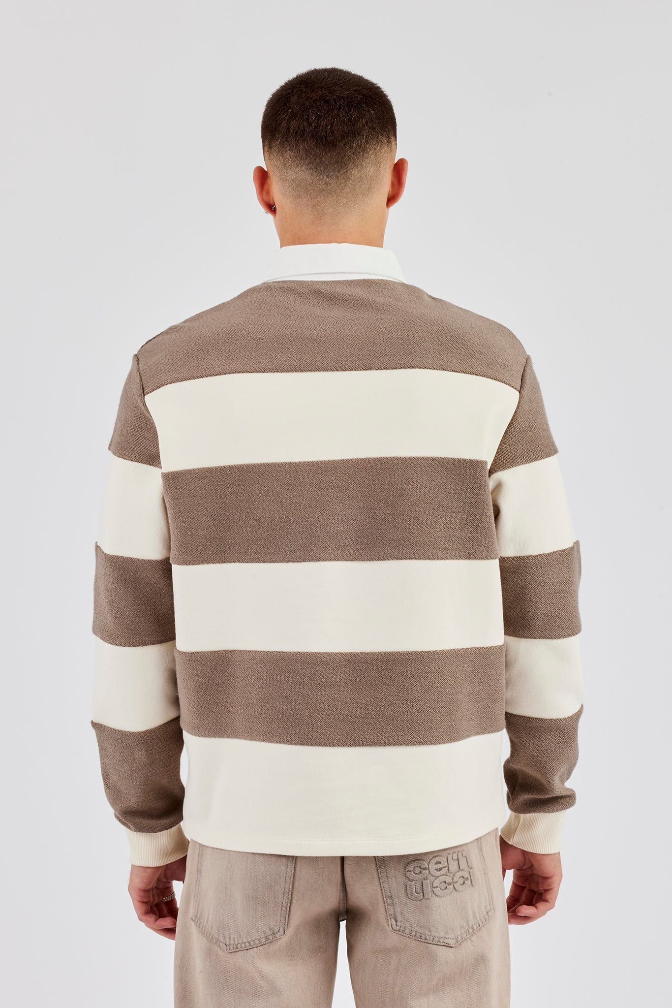Textured Stripe Rugby Polo Top - Stone