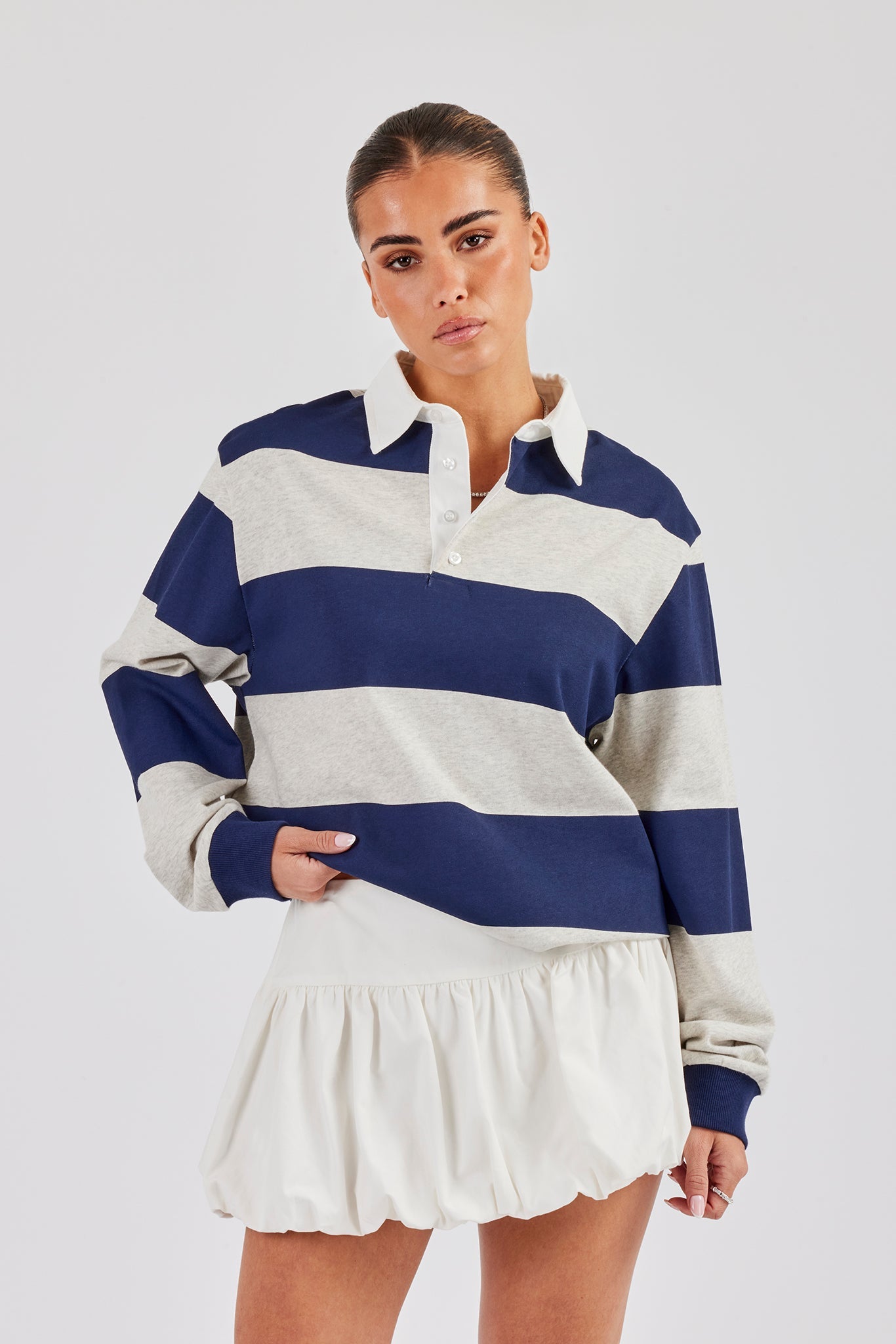 Womens Striped Rugby Polo Top - Navy Blue | Womens Tees & Vests
