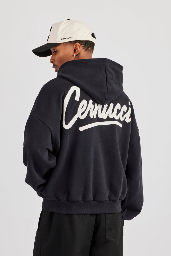 Cernucci Script Boxy Zip Through Hoodie - Black