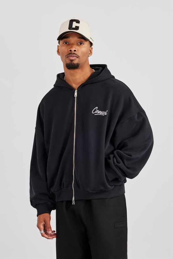 Cernucci Script Boxy Zip Through Hoodie - Black