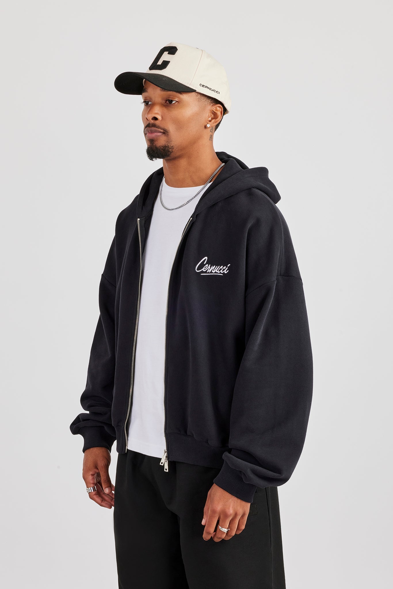 Cernucci Script Boxy Zip Through Hoodie - Black