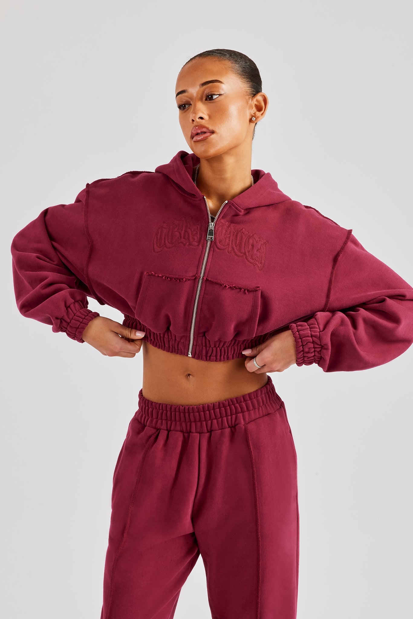 Cropped Exposed Seam Zip Through Hoodie - Cherry Red | Womens