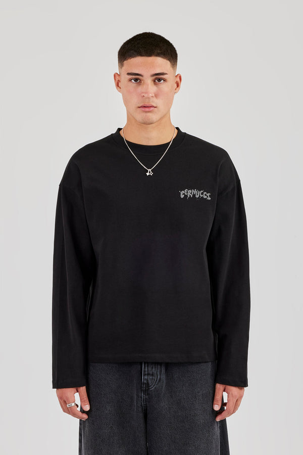 Long Sleeve Back Puff Print T-Shirt - Black