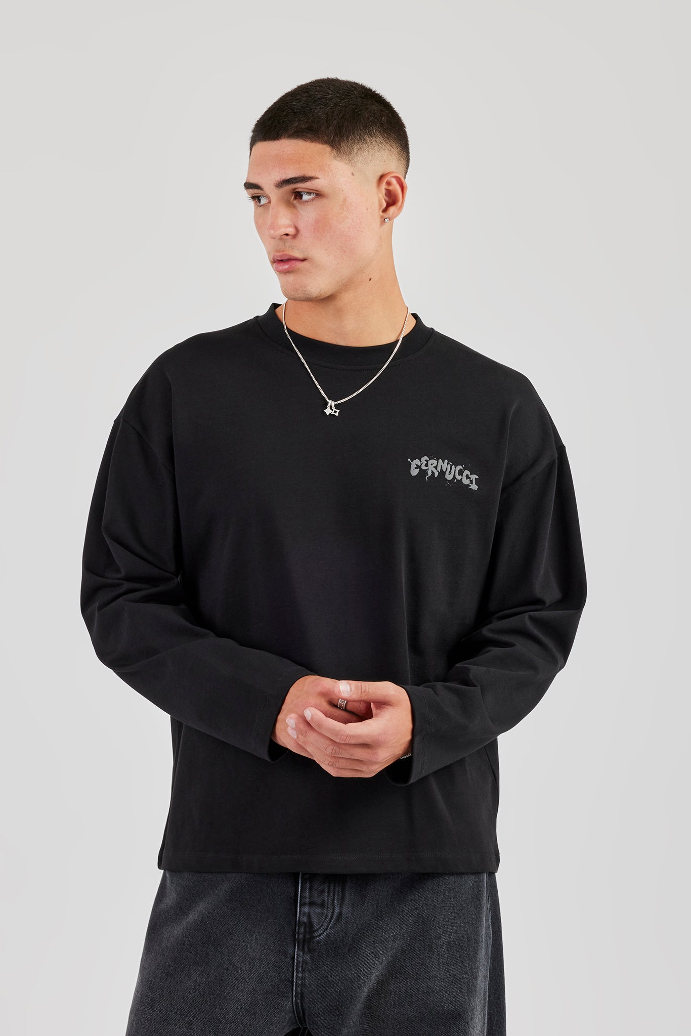 Long Sleeve Back Puff Print T-Shirt - Black