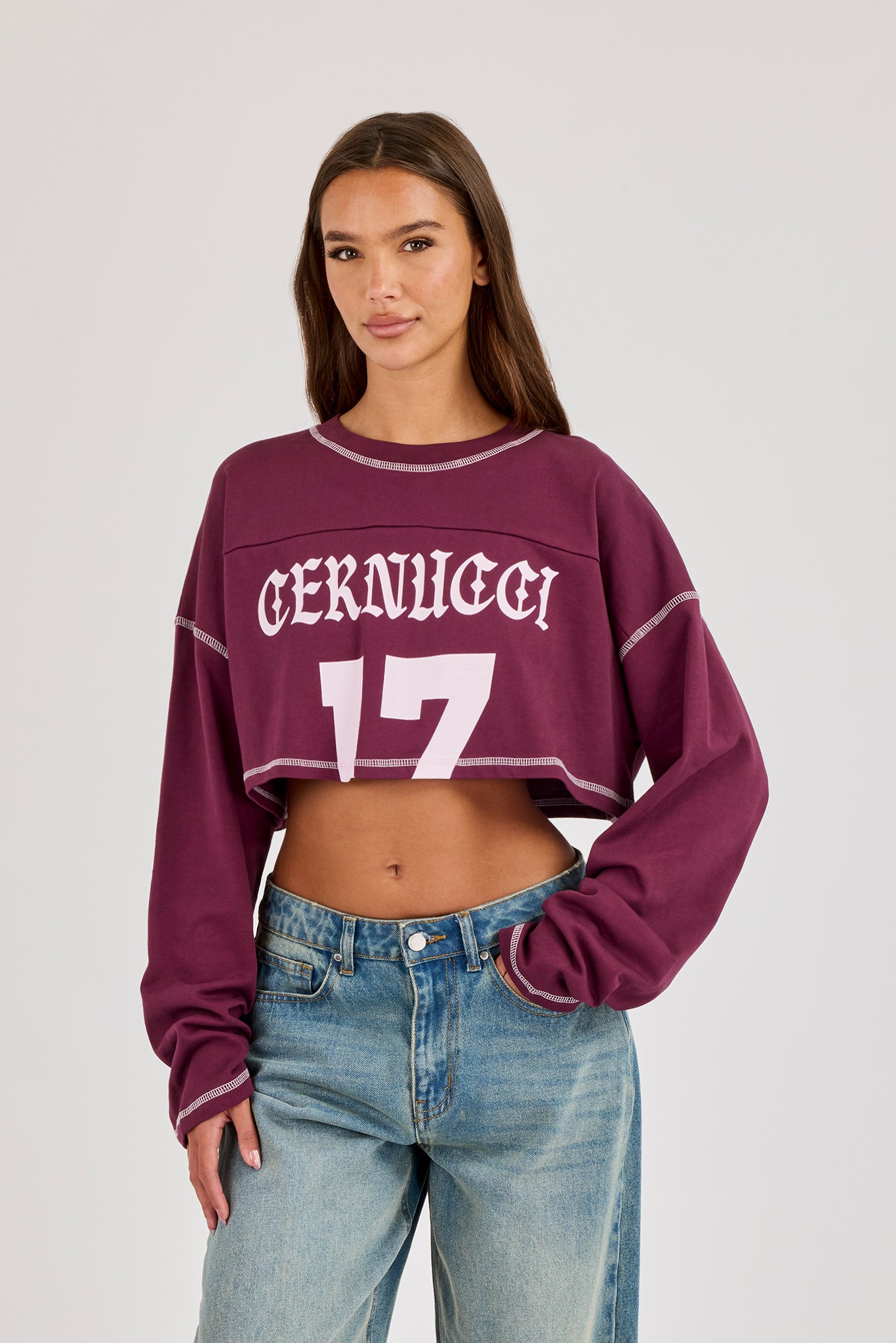 Cropped Long Sleeve Cernucci 17 T-Shirt - Burgundy