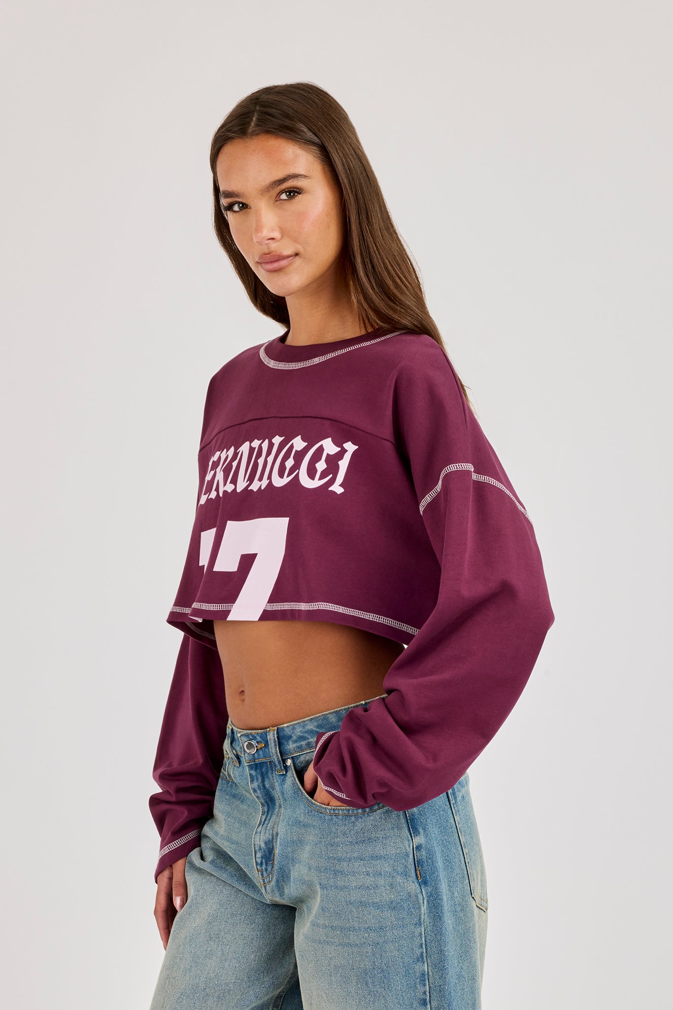Cropped Long Sleeve Cernucci 17 T-Shirt - Burgundy