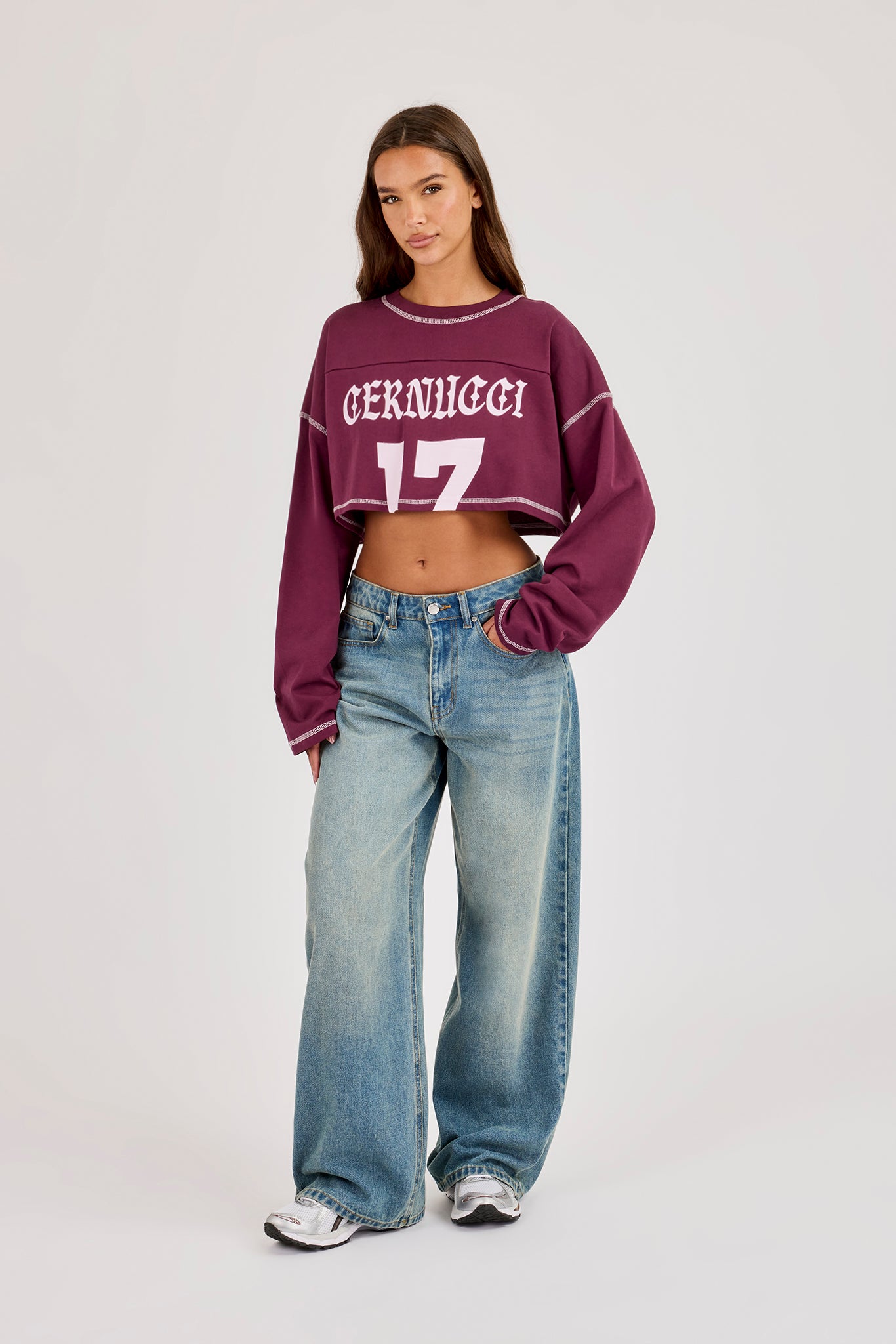 Cropped Long Sleeve Cernucci 17 T-Shirt - Burgundy