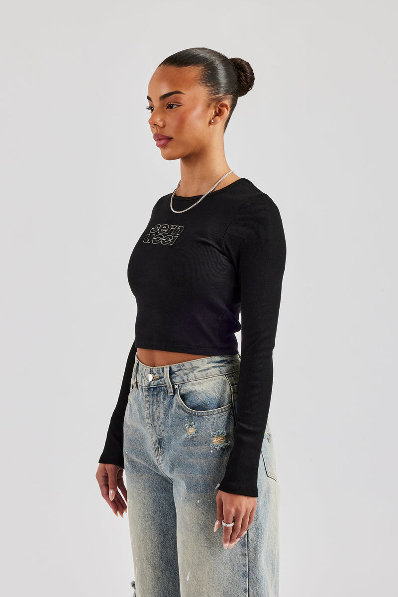 Long Sleeve Applique T-Shirt - Black