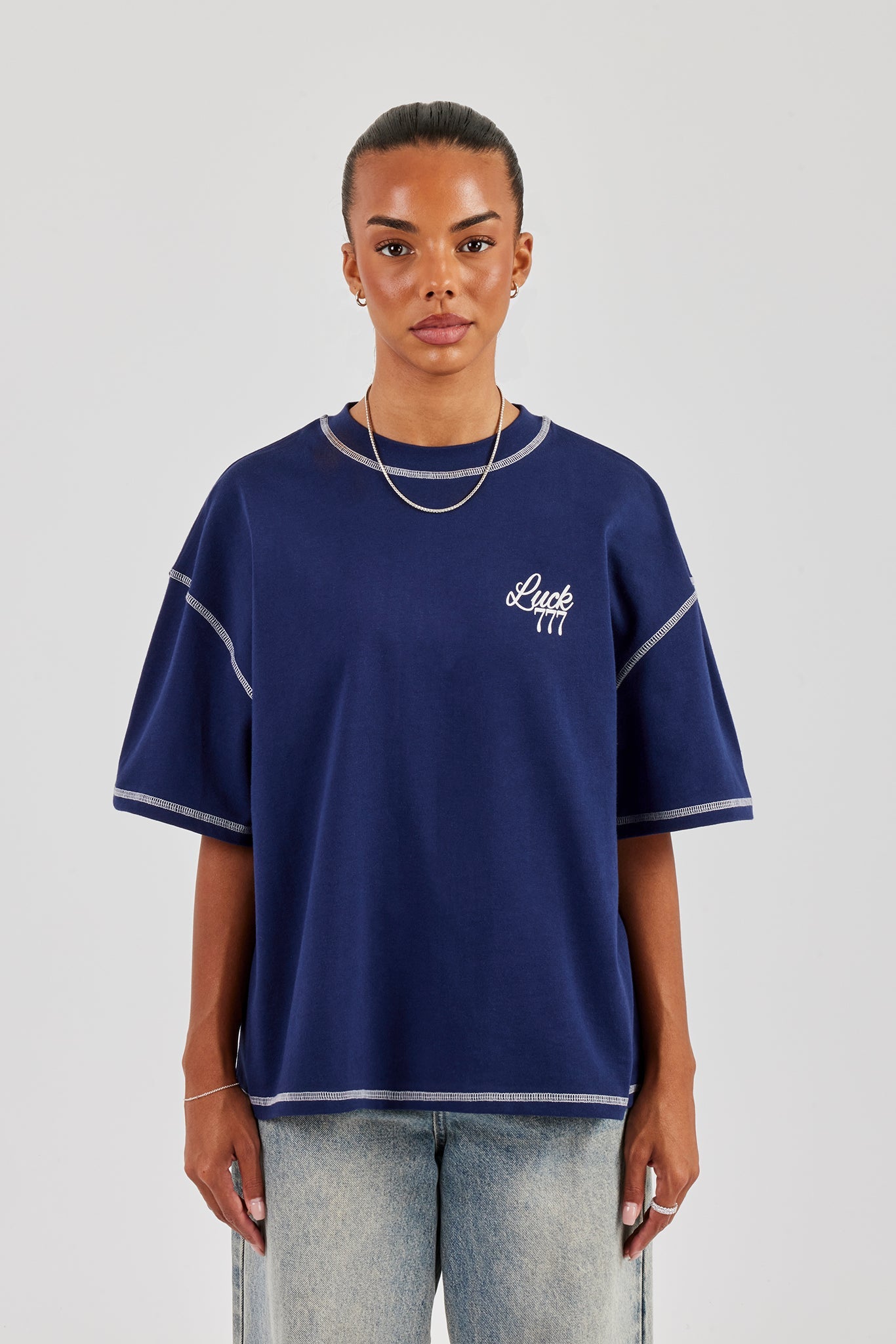 777 Luck Cherub Oversized T-Shirt - Navy Blue | Womens Tees