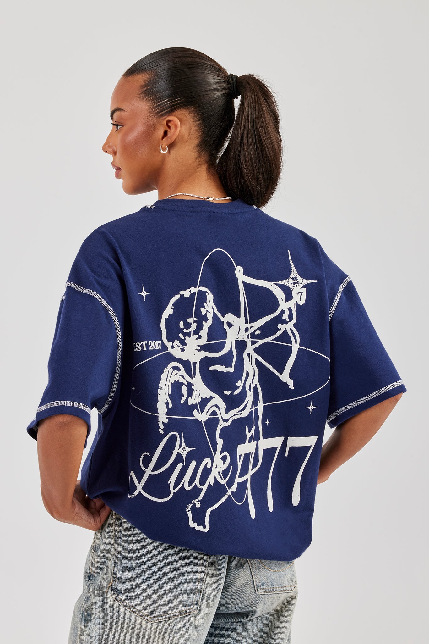 777 Luck Cherub Oversized T-Shirt - Navy Blue | Womens Tees